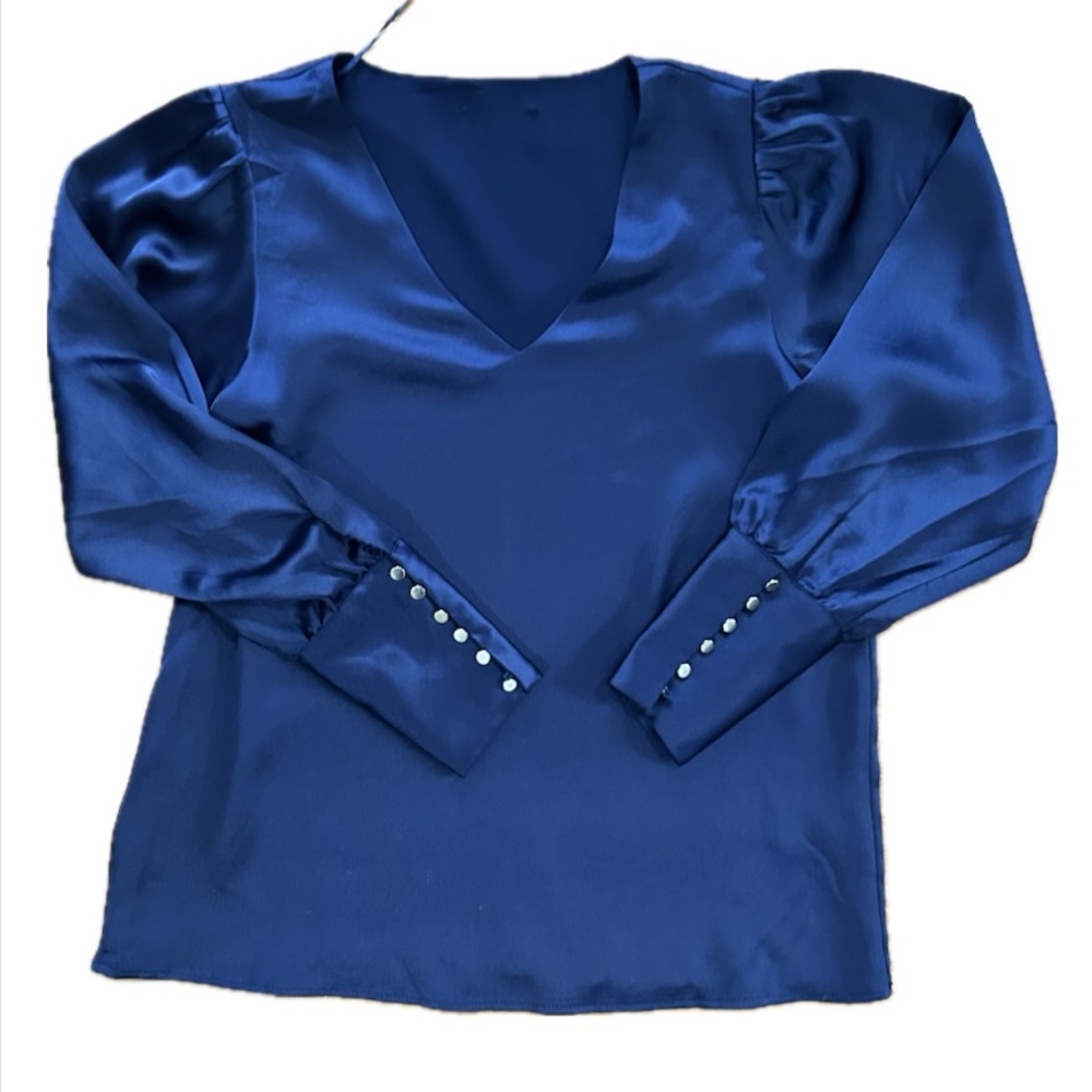 Rachel Zoe Navy Blue Satin V-Neck Long Button Sleeve Blouse Size M